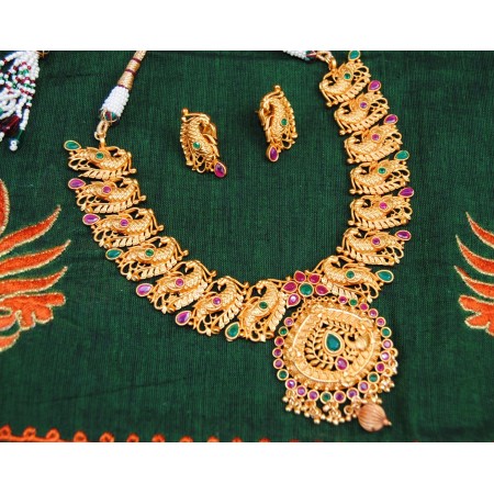 Ruby Emerald Peacock Ethnic Necklace Set 